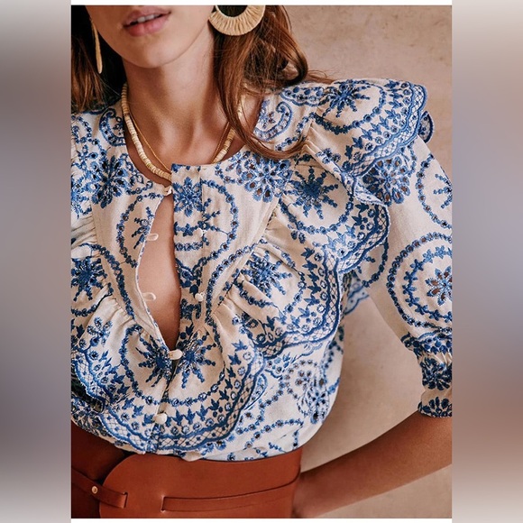 Sezane Chic Blue Patterned Ruffle Blouse Women